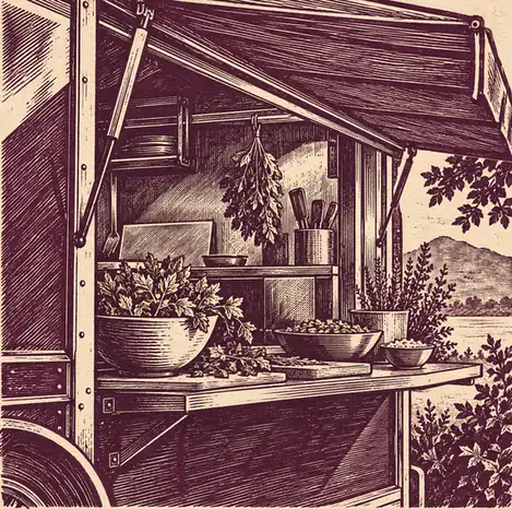Illustration of mobile food businesses equipment and workspace